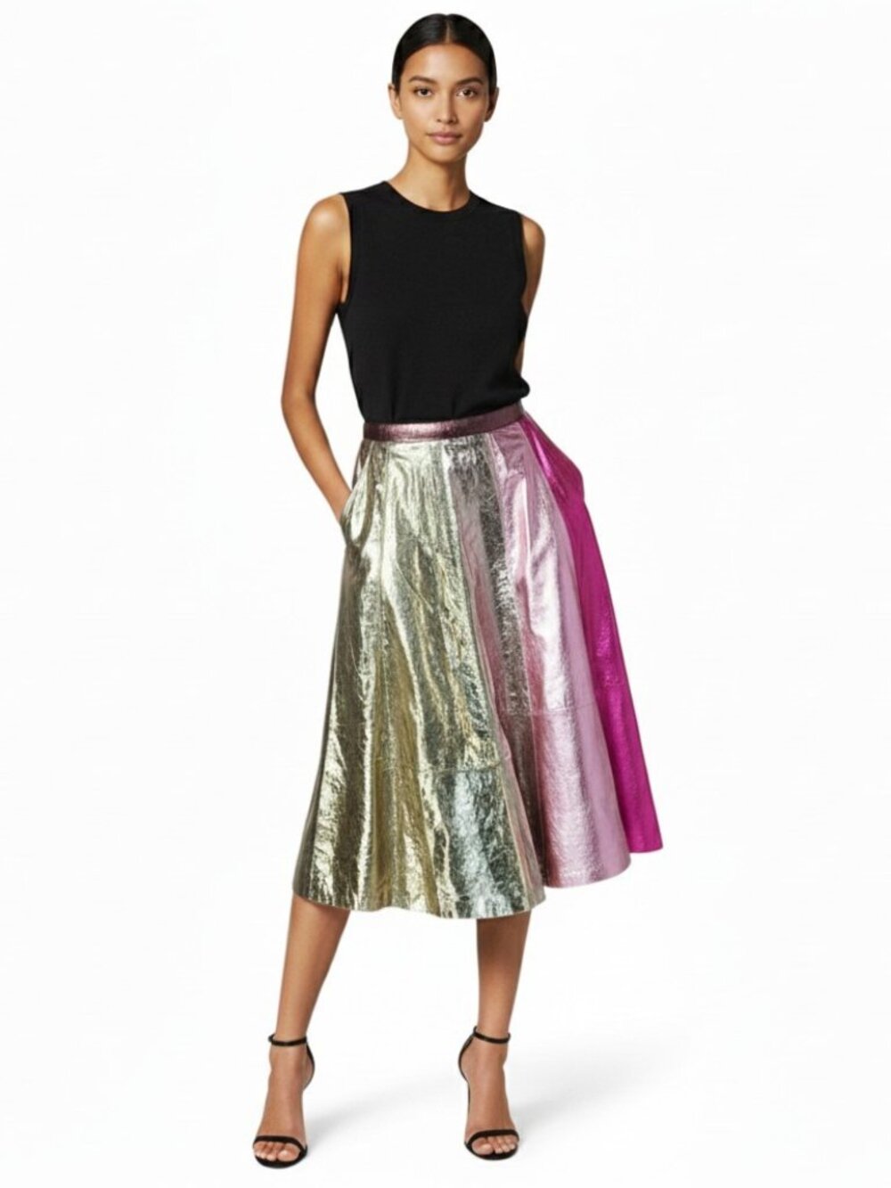 Diesel L-Tracey Gonna Fuchsia Metallic Color Block Leather Skirt New NWT Size 25